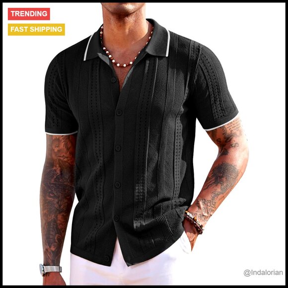 Men's Knit Polo Shirt Short Sleeve Button Down Casual Summer Beach Wear